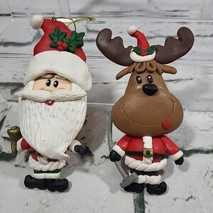Christmas Ornaments Handcrafted Santa Claus Reindeer Clay Figural Lot Of 2